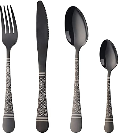 Cutlery Set, Buyer Star 16-Piece Stainless Steel Flatware Set, Laser Flower Pattern Tableware Silverware Set with Spoon Knife and Fork Set, Service for 4, Dishwasher Safe (Black)