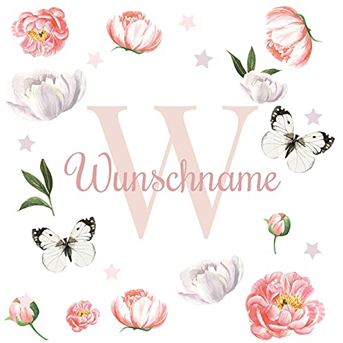 yabaduu Wandsticker personalisiert Sticker Aquarell Tiere mit Name Wandtattoo für Kinderzimmer Babyzimmer Spielzimmer Mädchen Junge Y037 (Nr. 1 Blumen, Mit Wunschname)