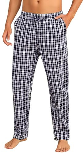 Litherday Pantalon de Pyjama Homme à Carreaux 100% Coton Longue Bas de Pyjama Cofortable Respirant Décontracté Doux avec Poches à Cordon de Pantalon,Bleu Foncé + Blanc,M