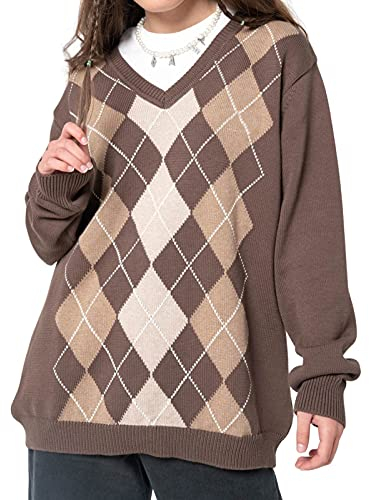 Young Forever Argyle Plaid Y2k Pullover Damen Sweater mit V-Ausschnitt Vintage Strickpullover 90er Harajuku Strickwaren Herbst Winter (H-Braun, S)