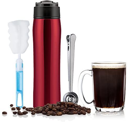 BENFUCHEN Portable Coffee Maker Stainless Steel Insulated Double Wall Vacuum Car Travel French Press Tea Maker Outdoor Coffee Mug Cup With Stainless Steel Spoon, 350ML/12OZ, Red
