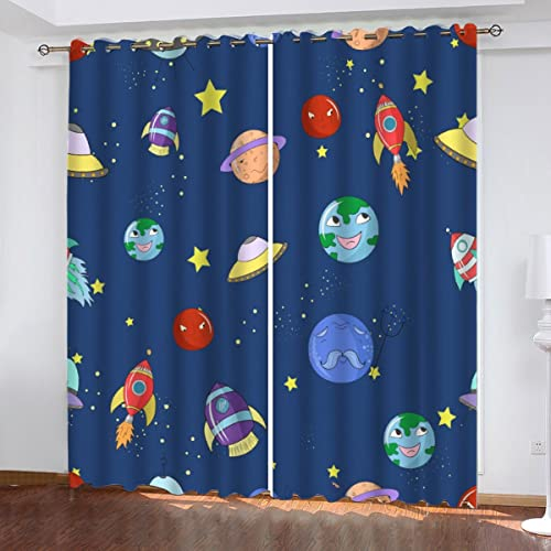 Vorhang Blickdicht mit Ösen Rakete Mond UFO Verdunkelungsvorhang 2er Set Cartoon-Raum Polyester Schallschutz Gardinen für Jungen Mädchen Jugendzimmer Dekoration vorhänge B 150 X H 166 cm