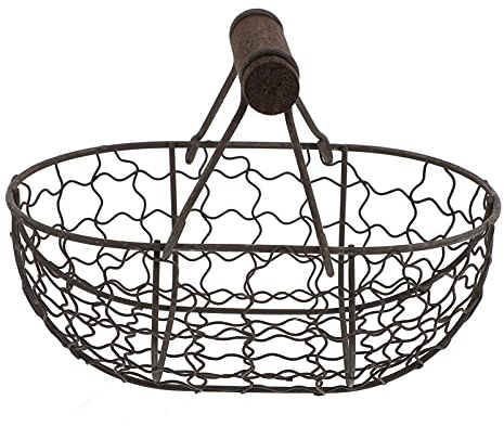 Housoutil 1PC Wire Egg Basket, Chicken Wire Egg Baskets with Wooden Handle, Wire Gathering Basket Country Primitive Farmhouse for Gathering Fresh Eggs Chicken Eggs Fruit Food (Black)