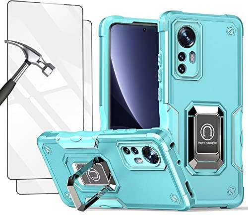 Jeelar Handyhülle für Xiaomi 12/12X,PC+TPU Militär Handy Hülle Stoßfeste Cover Case mit Ständer/Kameraschutz/Magnetische Autohalterung,Schutzhülle mit 2 Gehärtetes Glas Bildschirmschutz,Minze