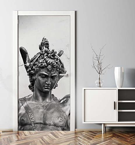 MyMaxxi - Tür bekleben mit Türtapete Türposter Türfolie Selbstklebend 90x200 Perseus Medusa - Tür verschönern Türaufkleber Türklebefolie Griechische Mythologie Gott grau weiß
