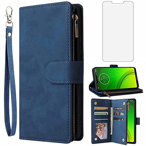 Asuwish Compatible with Moto G7 Power/MotoG7 Supra/Moto7 Optimo Max Wallet Case Tempered Glass Screen Protector and Card Holder Cell Phone Cases for Motorola MotoG7Power G 7 7G G7Power 7th Gen Blue
