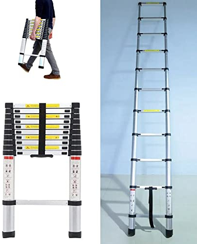 2,6m Teleskopleiter mit 9 Sprossen, Edelstahl Leiter Tragbare Ausziehleiter Rutschfesten Mehrzweckleiter, 150kg Tragkraft, EN131