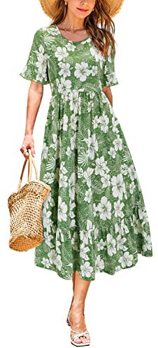 STYLEWORD Women Summer Dress Floral Short Sleeve Ladies Casual Swing Midi Dress with Pockets(Floral-P,XX-Large)