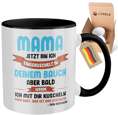 22Feels Schwangerschaft Geschenk für Werdende Mama, Mom To Be Tasse Frauen, Muttertag Geburtstag, Bald Mutter, Ich bin Schwanger Verkünden, Gratulation, Hallo von Baby (Zweifarbig Weiss-Schwarz)