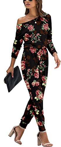 PCEAIIH Damen Jumpsuit Lange Ärmel Elegant Schulterfrei Lose Playsuit Dehnbar Overall Hosenanzug Elastische Taille Romper mit Taschen L Rose Schwarz