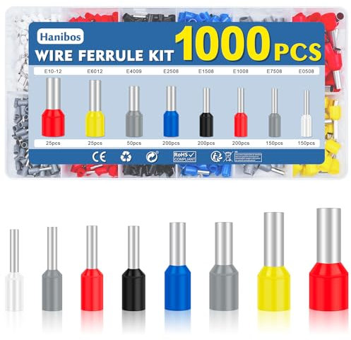 1000 Stück Aderendhülsen Set, Hanibos 0.5-10mm² (22-7 AWG) Isolierte Aderhülsen Kabelhülsen Aderendhülsen Sortiment für Drahtverbindung