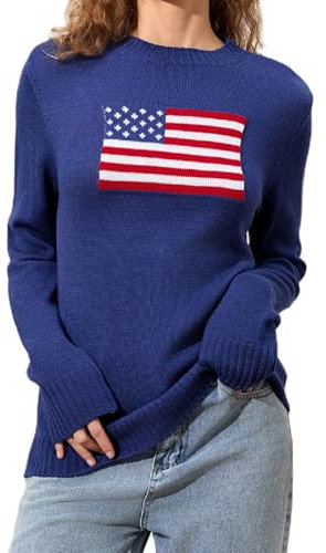 Y2K Damen-Pullover mit amerikanischer Flagge, langärmelig, Rundhalsausschnitt, Flaggen-Druck, Strickpullover, Pullover, Pullover, Vintage, lockerer Pullover, Amerikanische Flagge, Marineblau, Groß