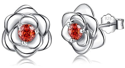 Sterling Silver Stud Earrings for Women, Silver Flower Red Cubic Zirconia Hypoallergenic Helix Cartilage Earrings Jewelry Gifts for Girls