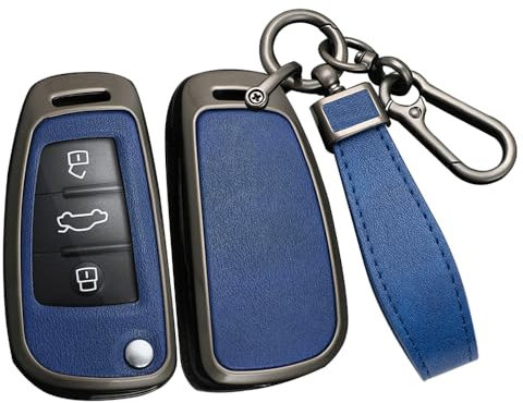 ontto Autoschlüssel Hülle Passt für Audi A1 A3 8P A4 A5 A6 A7 S3 S7 Q2 Q3 Q5 SQ5 C5 C6 TT RS3 Schutzhülle Metall PU Leder Schlüsselhülle Fernbedienung Cover Schlüsselanhänger 3 Tasten-Schwarz Blau