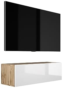 3E 3xE living.com Hängendes TV- Schrank (B: 100 cm, H: 34 cm, T: 32 cm) in Wotan Eiche & Weiß Hochglanz