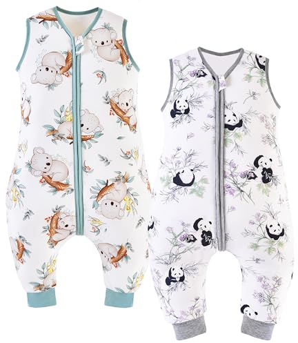 Chilsuessy Baby Schlafsack mit Füße 2er Pack 2.5 Tog Ganzjahres Schlafsack Baby Schlafsäcke ohne Ärmeln Babyschlafsack mit Beinen für Säugling Kinder, Koala + Panda, 70cm/Baby Höhe 80-90cm