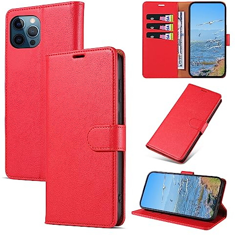 KKEIKO Handyhülle für iPhone 12 Pro Max Hülle, Magnet Klappbar Handyhülle mit Kartenfach, PU Leder Stoßfest Schutzhülle für iPhone 12 Pro Max, Rot