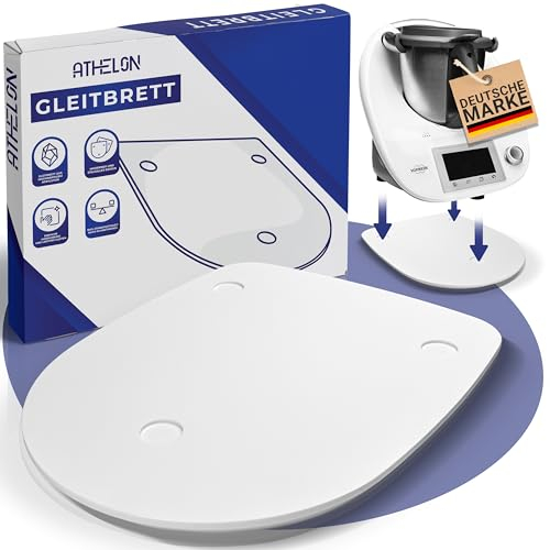 ATHELON® Gleitbrett (weiß) für Thermomix TM5 & TM6 [aus hochwertigem Acrylstein] - rutschfestes Rollbrett mit ergonomischen Griffmulden - Unterlage & Gleiter für den Vorwerk Thermomix