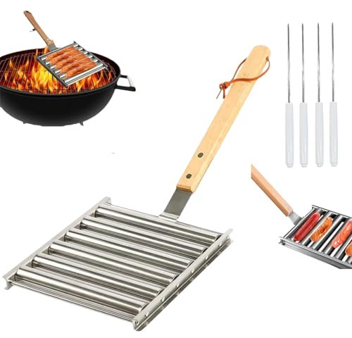 DANC Hotdog Roller Stainless Steel Sausage Roll Rack, Hot Dog Roller for Grill, Hot Dog Grill Roller, Hotdog Roller Grill Stainless Steel BBQ Sausage Roller Rack with Extra Long Wood Handle (Large)