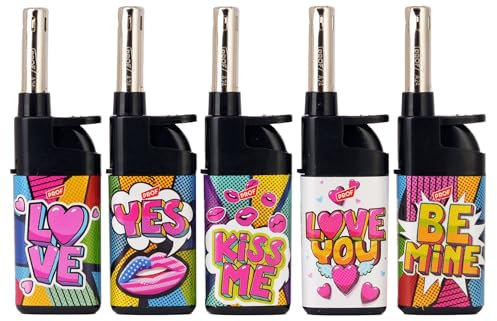 Stabfeuerzeug 10,5cm Love KISS BE Mine 5er Pack Feuerzeuge Feuerzeug Leichtbedienung Seniorengerecht Anzünder BBQ