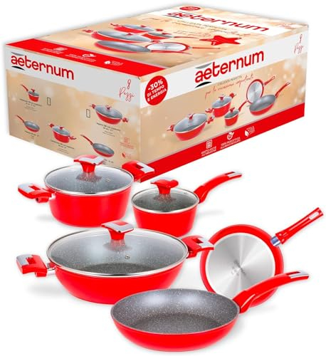 Avilia Batteria Padelle e Pentole Antiaderenti - Set 8 Pezzi con Rivestimento Minerale, Fondo Ideale anche per Piani ad Induzione, con Manici in Bachelite