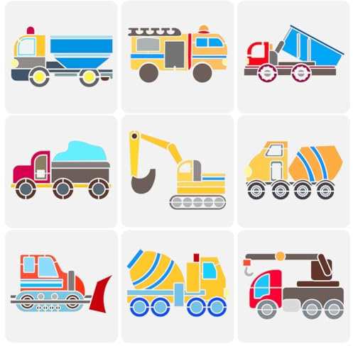 FINGERINSPIRE 9pc Cartoon Cars Stencil Set: 20x20cm PET Geometric Car Painting Stencils - Engineering, Trucks, Tractors, Excavator & More
