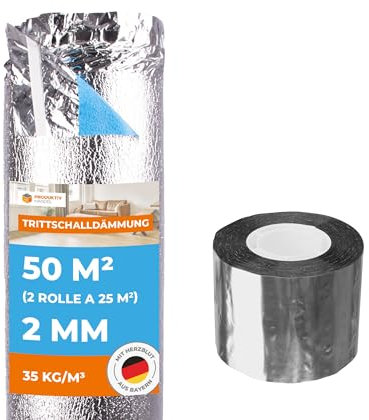 Trittschalldämmung mit Dampfsperre 50 m² Premium Silver Plus 2mm stark | 2 Rollen + 1 Rolle Alu PP Klebeband | sehr gute Wärmedämmung | Fußbodenheizung geeignet für Laminat und Parkett