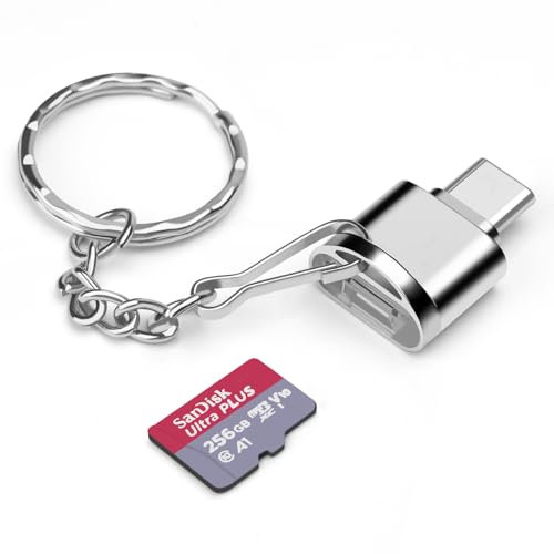 Typ-C-TF-Karten-/Speicherkartenleser-Adapter mit Schlüsselanhänger, USB 3.0 Typ-C auf Micro SD SDHC SDXC OTG-Lesegerät, kompatibel mit iPhone 15 Pro Max Mac Windows Linux PC Samsung Galaxy (Silber)