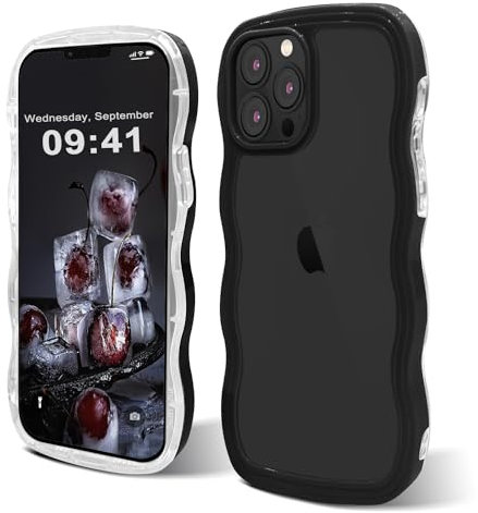 ORDA Cute Wave Frame Curly Shape Shockproof Hard PC Phone Cover for Women and Girls - Black, Compatible with iPhone 15 Pro 6.1 inches