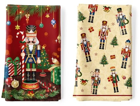 Arquiel 2er Set Geschirrtücher Nussknacker Rot Weihnachten Küchentücher Dekorative 100% Baumwolle Trockentücher Saugstarke Geschenk für den Urlaub Einweihungsfeier 48 cm x 70 cm