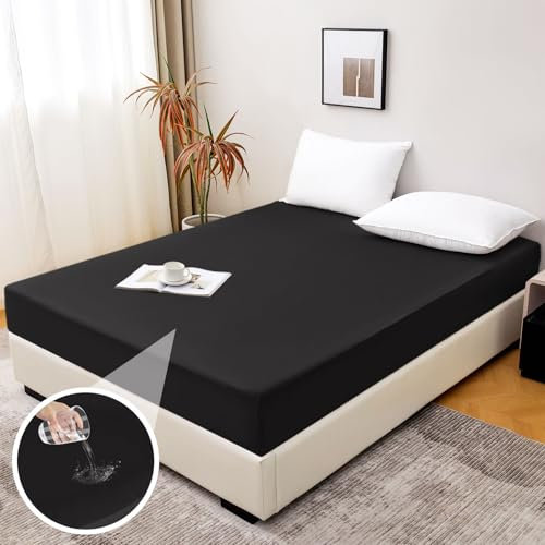 Aisprts Spannbettlaken 90x200cm Wasserdichtes Bettlaken mit Rundumgummi rutschfeste Spannbetttücher Atmungsaktiver Matratzenschoner Inkontinenz Spannbettlaken Höhe bis 30 cm, Schwarz