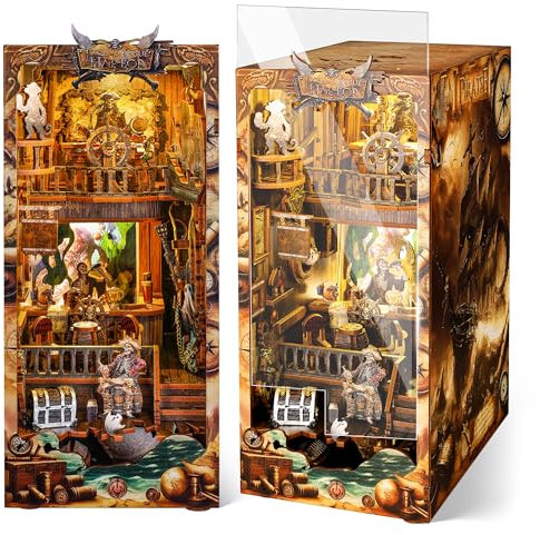 FUNPOLA 3D Holzpuzzle Booknook Kit, Piraten-Bücherregal-Einsatz mit LED-Lichtern, DIY Miniatur-Buchstützen Deko für Erwachsene und Teenager, Einzigartiges Handwerksgeschenk (Neue Welt)