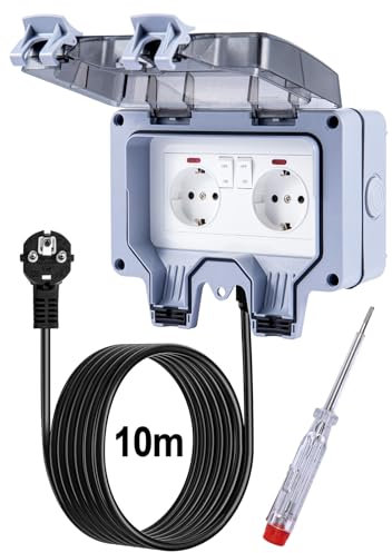 Trintion Außensteckdose Wasserdicht Aussensteckdose 2 Fach Doppel Steckdose Außen mit 10M Kabel Schalter Klappdeckel,Wandsteckdose Feuchtraum Aufputz Wetterfest Outdoor Gartensteckdose,Grau