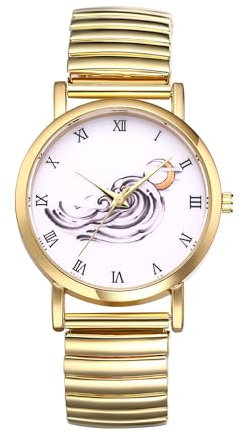 JewelryWe Damenuhr Gold Elastische Uhren: Mond und Meer Analog Quarz Armbanduhr Damen Edelstahl Stretch Armband Lässige Uhr mit Zugarmband und Römischen Ziffern