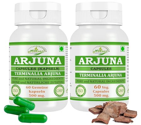 Arjuna Capsule 500 mg – 60 Capsule vegane | Estratto di Terminalia-arjuna ad alto dosaggio (10:1) | Integratore alimentare ayurvedico per uomini e donne (2 flacone da 60 capsule)