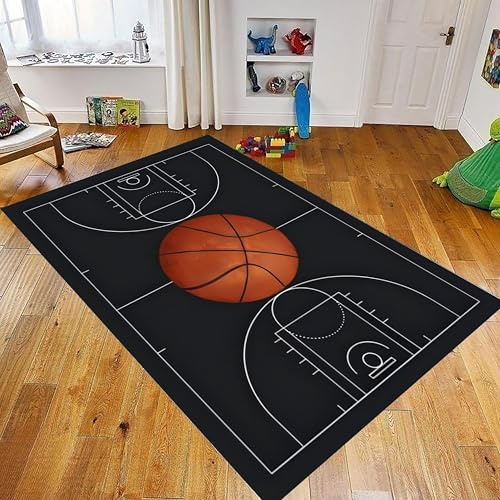 YJDRUG Basketball Teppich 70x140cm für Kinderzimmer & Wohnzimmer – Sportlicher Rutschfester Spielteppich in Schwarz ，Leicht zu Reinigen ， Ideal für Spielzimmer & Eingangsbereich