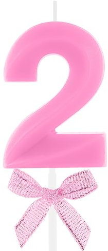 2nd Birthday Candle Pink Bow Number 2 Candles Cake Topper Decorations Happy Birthday for Child Boy Girls Anniversary Celebrations Party Supplies