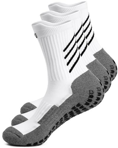 HIKERHEAVENLAR Weiß Rutschteste Fussballsocken Herren Grip Fußball Socken Damen Stoppersocken Yogasocken Baumwolle Gripy Sportsocken Basketball Tennis Gym Golf Wander Handball 36-42 Weißgrau M 3P