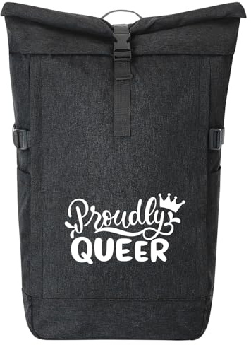 Huuraa Kurierrucksack Proudly Queer Krone 30-44 Liter Black Melange Fairtrade Rolltop Rucksack Geschenkidee