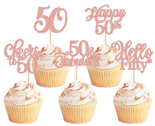 Blumomon 30Pcs Rose Gold 50th Happy Birthday Cupcake Toppers Happy 50 Cupcake Topper Cheers to 50 Fabulous Cake Decoration for 50th Birthday Party Decoration 50th Anniversary Cake Decoration