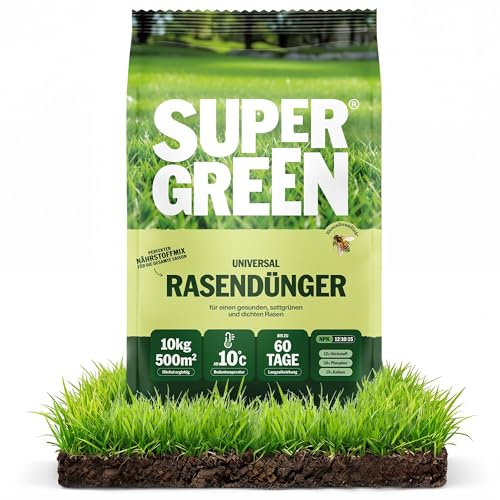 SUPERGREEN Universal-Rasendünger Langzeit bis 60 Tage | 10kg für 500m² | NPK 12-10-15 für dichten, sattgrünen, gesunden Rasen | Nitratfrei & staubfreies Granulat (2-5 mm) | Ganzjahresdünger