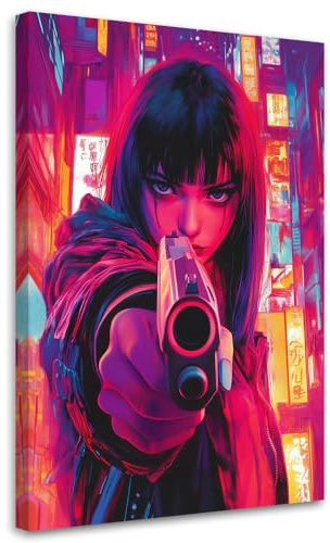 Feeby Wandbilder - Bilder Schlafzimmer - Frau mit Pistole Cyberpunk - 60x90 1tlg - Wohnzimmer Bild Groß - Wohnungs - Foto Geschenk - Leinwand Wall Art - Wand Deko