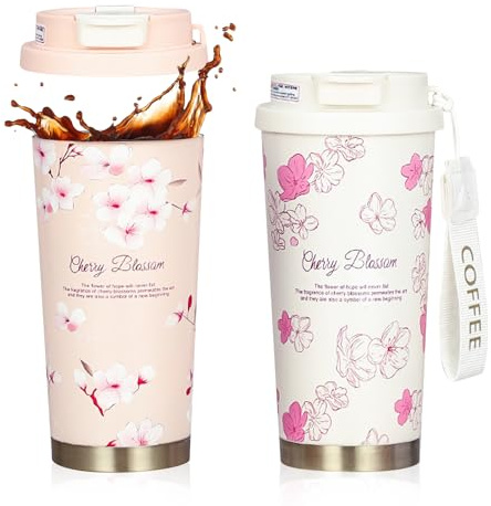 LEKEFETO 2 Stück Kaffeebecher to go 500ml – Thermobecher Edelstahl Isolierbecher mit Strohhalm Auslaufsicherer Deckel für Heiß- und Kaltgetränke, Sakura Design, Weiß & Rosa