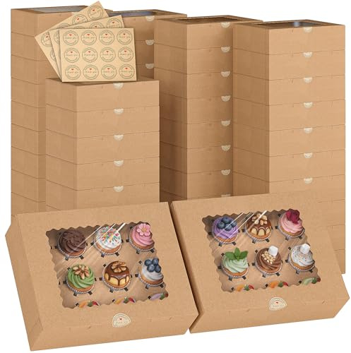 EffiQ-Rate 50Pcs 12 Hole Cupcake Boxes with Clear Window 32.5 x 25 x 9 cm | with Removable Insert and Stickers, Kraft Paper, Home Baking, Bakery Sales, Gift Box, for Desserts, Cookies, Cakes, Chocolate