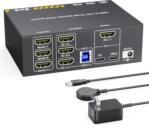 KVM Switch 3 Monitors for 1 Laptop and 1 Desktop 4K@60Hz, USB C HDMI Three Monitor KVM Switch,Docking Station KVM Switches with 4 USB 3.0 Port, 87W PD Charging