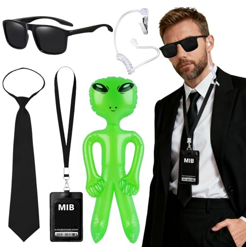 Agent Kostüm Zubehör, Security Men in Black Mib Agent Accessories Kostüm Zubehör Set mit Sonnenbrille Krawatte Card Holder Earpiece Tube Grüne Aliens, für Männer Frauen