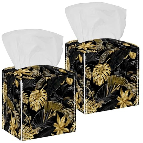 Lot de 2 boîtes à mouchoirs carrées en cuir à motif de feuilles de palmier tropicales dorées pour coiffeuse, commode, table de nuit, comptoir, bureau, voiture