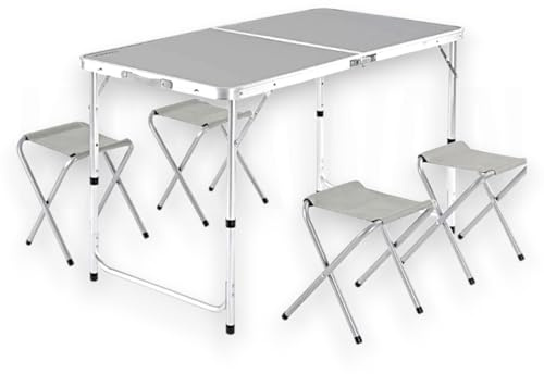 Genérico Mesa Plegable con 4 Sillas de Camping, Aluminio, 120x60x70 cm, Portátil, Rectangular, Gris y Plateado, Resistente a la Corrosión