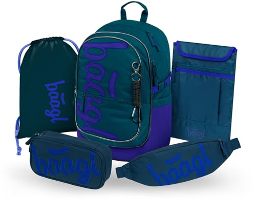 Baagl Schulrucksack Set Jungen 5 Teilig Schultasche Grundschule - Logo Blau | Ergonomische Schultasche für Volksschule Ranzen mit Brustgurt und 25 l begleitet Kinder ab der 3. Klasse in der Schule