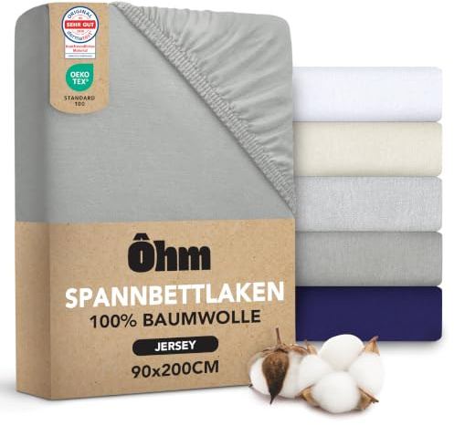 Ôhm Spannbettlaken 90x200 Anthrazit – Jersey 100% Baumwolle 28cm Steghöhe | Bettlaken aus 100% Jersey-Baumwolle für hohe Matratzen & Boxspring. 90x200 bis 200x200, weich, atmungsaktiv, OEKO-TEX.